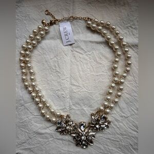 J. Crew Cream Pearl Double-Strand Necklace with Gold and Crystal Floral Accent
